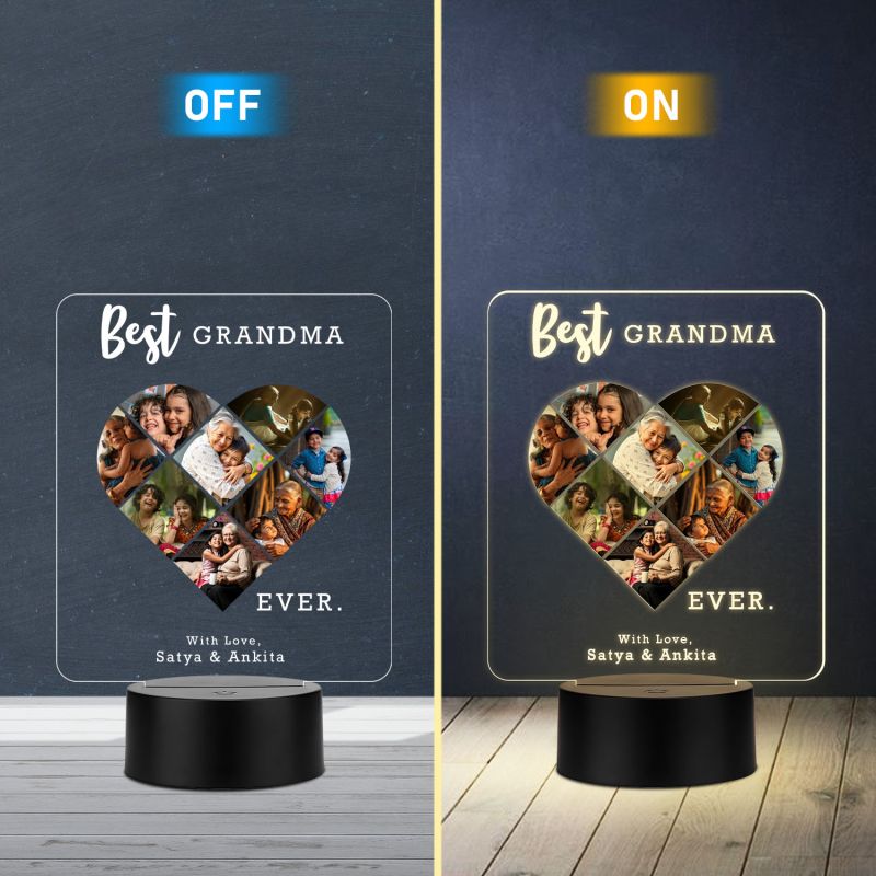 Personalized Best Grandma Ever LED Night Light, Heart Photo Collage Frame with Warm White Light Memorable Gift for Dadi Maa Surprise Gift for Dadi